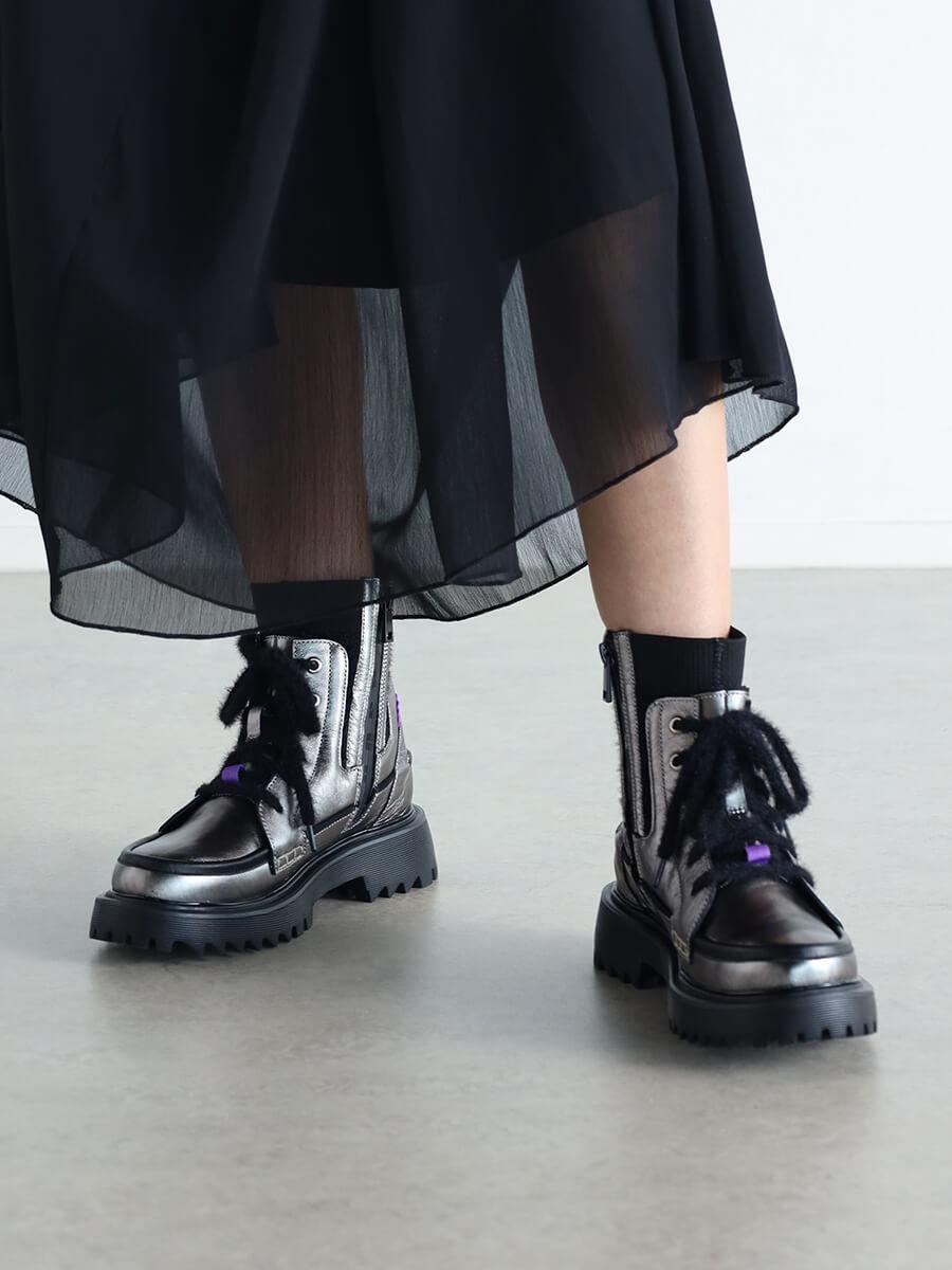 LASUD　レースアップレザーブーツ　牛革✕ニット　YAMADAYA LASUD レースアップレザーブーツ 牛革✕ニット YAMADAYA