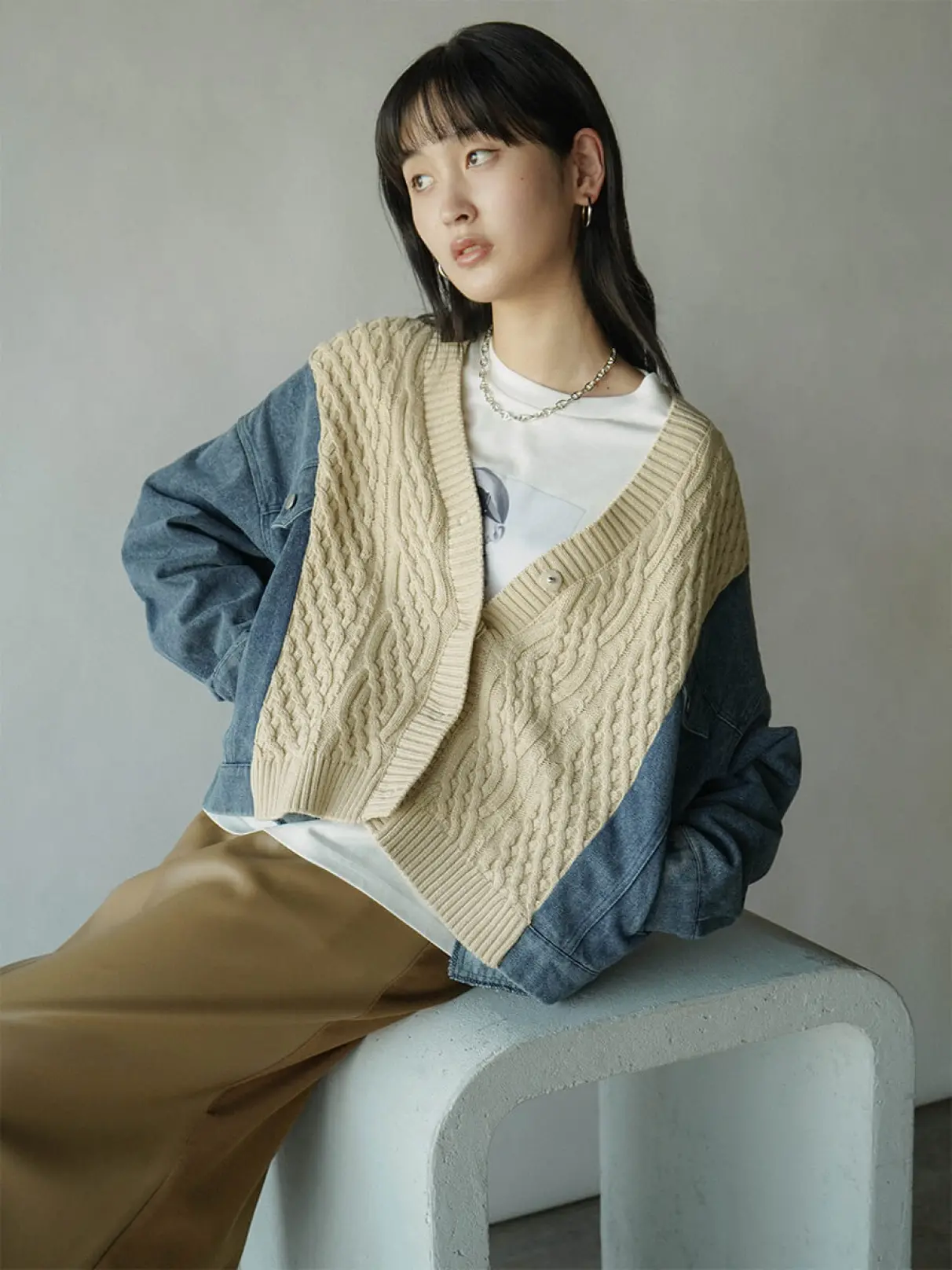 【NEW】ラディエイト（RADIATE）/デニムドッキングケーブルニットカーディガン デニムドッキングケーブルニットカーディガン - RADIATE - RADIATE