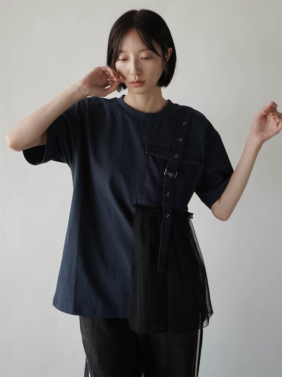 デニム×チュールドッキングポケットTシャツ