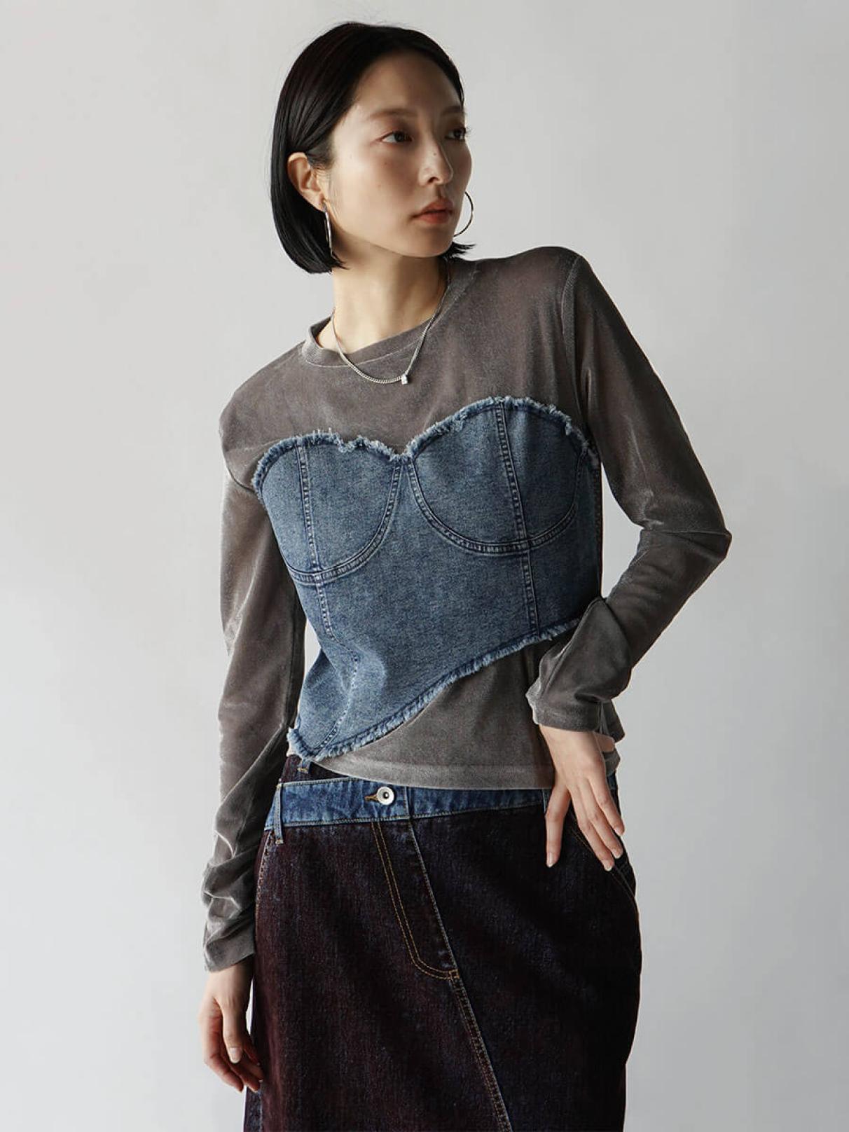 ラディエイト（RADIATE）/デニムビスチェフェイクレイヤードベロアトップス デニムビスチェフェイクレイヤードベロアトップス - RADIATE - RADIATE