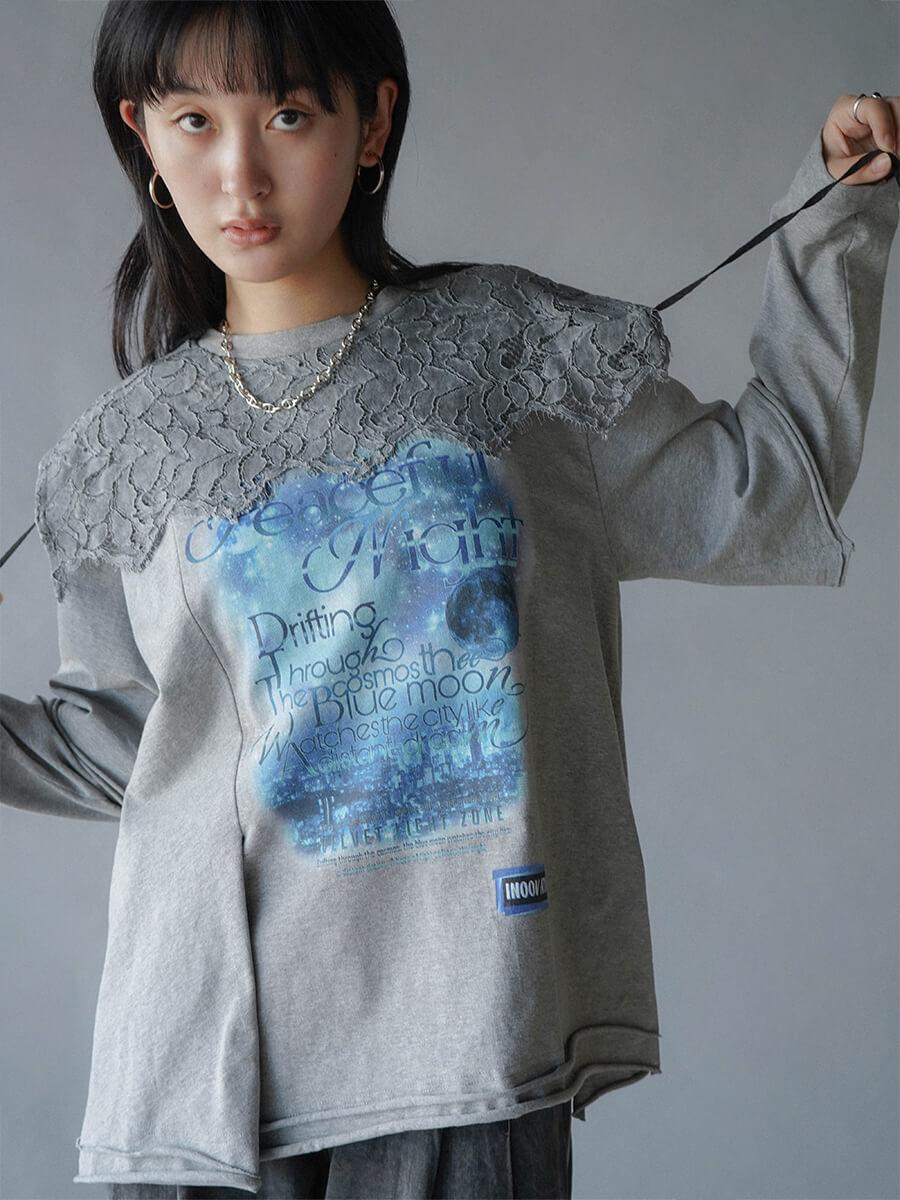 レースカラープリントレイヤードロングTシャツ
