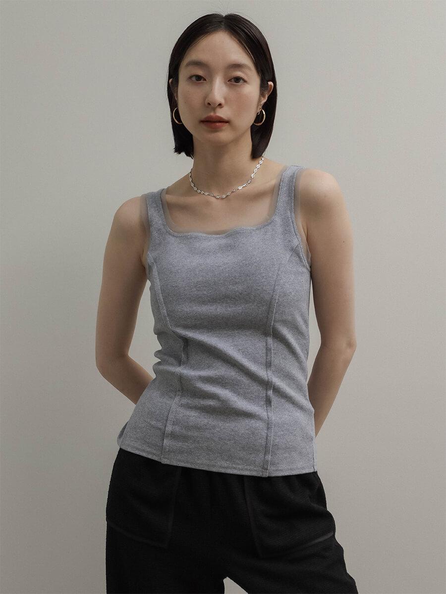 チュールトリミングリブタンクトップ（gray）