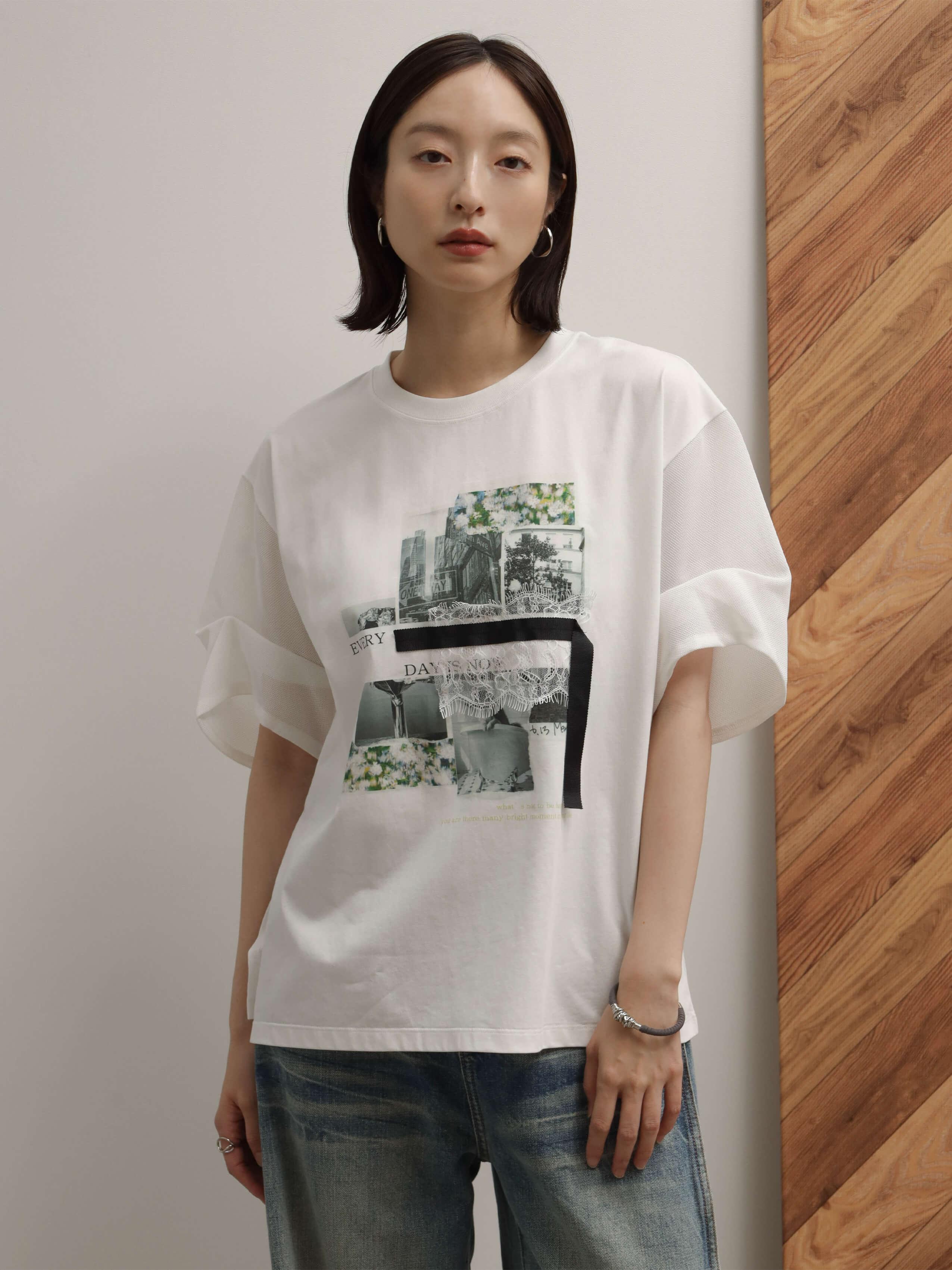 フォトコラージュプリントメッシュスリーブTシャツ