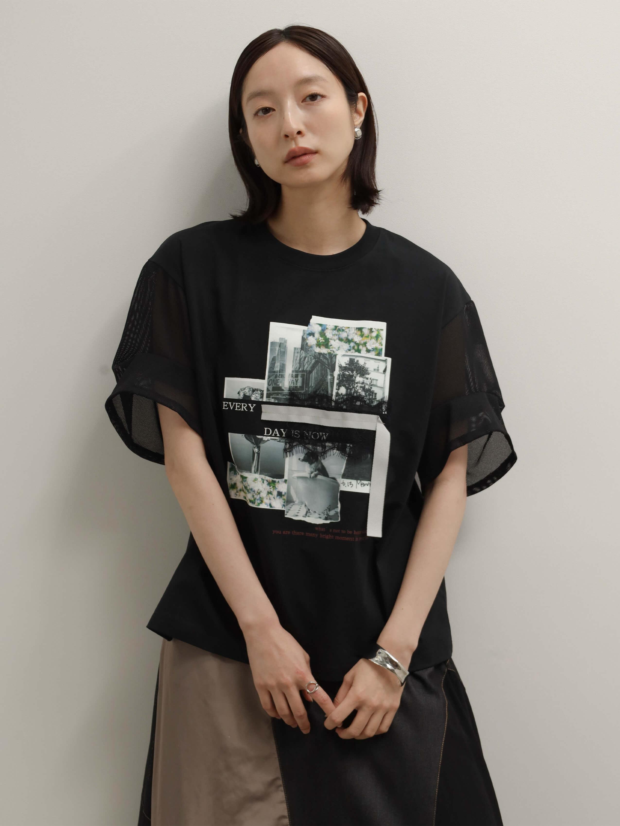 フォトコラージュプリントメッシュスリーブTシャツ