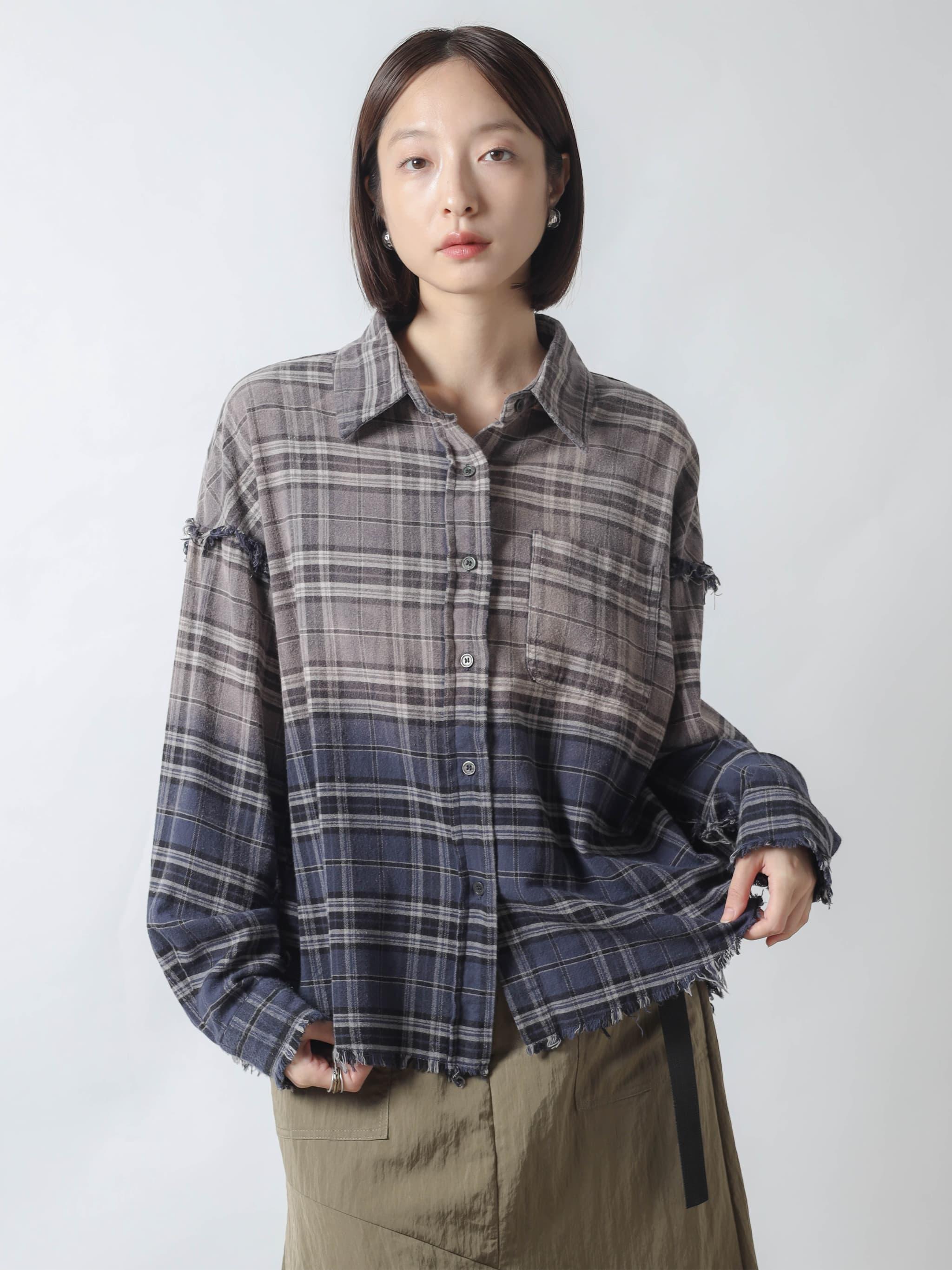 フリンジヘムグラデーションチェックシャツ