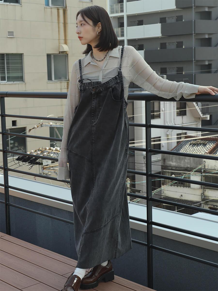 アシメフロントコットンセルロースデニムジャンパースカート(black,khaki)