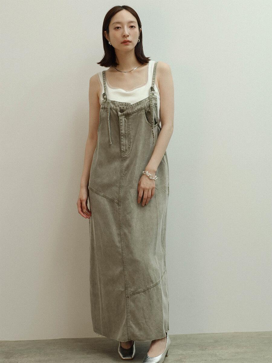 アシメフロントコットンセルロースデニムジャンパースカート(black,khaki)