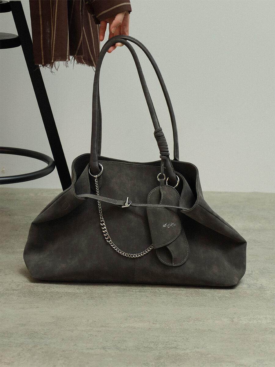 グラスホルダー付きスエードライクトートバッグ(Black,Gray)