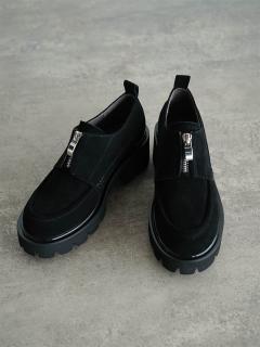 フロントジップタンクソールスエードローファー - ALL BLACK×RADIATE