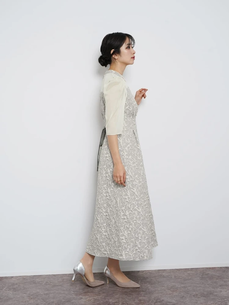 極美品 現行 リルフェテ ふくれジャガードバックリボンドレス グレージュ 38 極美品 現行 リルフェテ ふくれジャガードバックリボンドレス