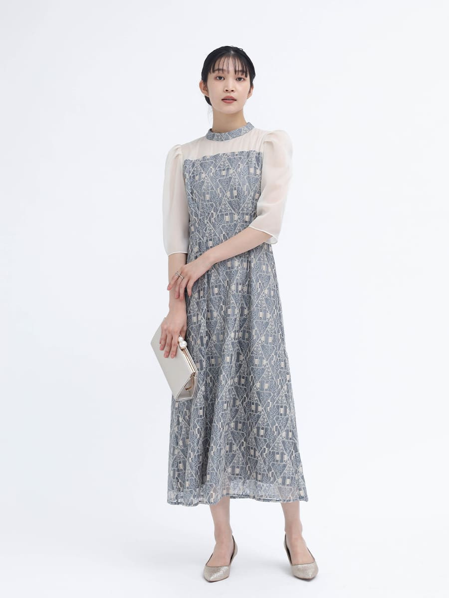 ジオメトリックレースパフスリーブドレス YAMADAYA STORE ジオメトリックレースパフスリーブドレス YAMADAYA STORE