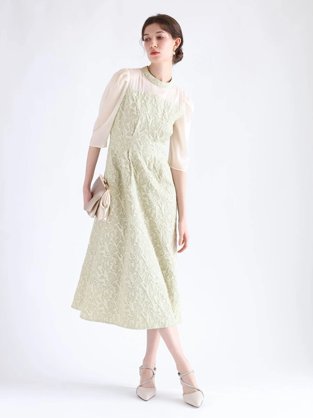 極美品 現行 リルフェテ ふくれジャガードバックリボンドレス グレージュ 38 極美品 現行 リルフェテ ふくれジャガードバックリボンドレス