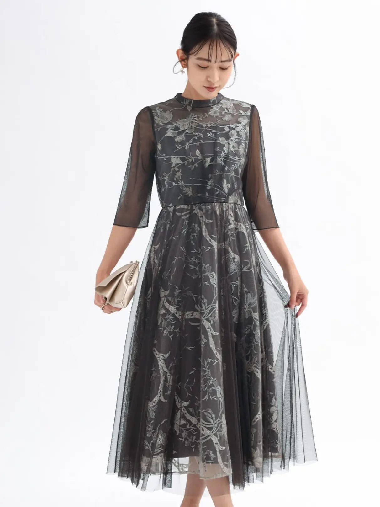 フラワー刺繍チュールレイヤードドレス - Rire Fete - petirobe