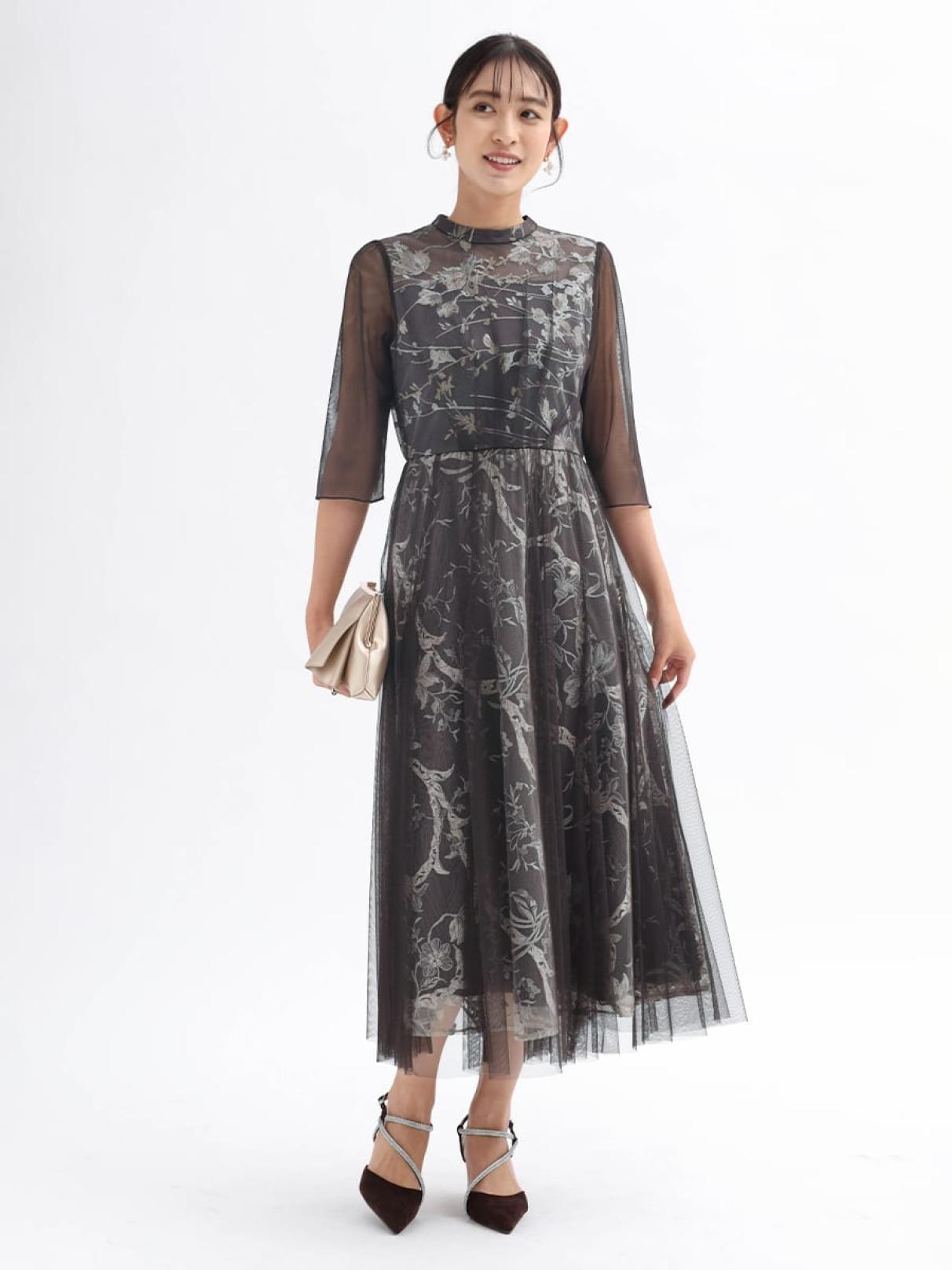 フラワー刺繍チュールレイヤードドレス - Rire Fete - petirobe