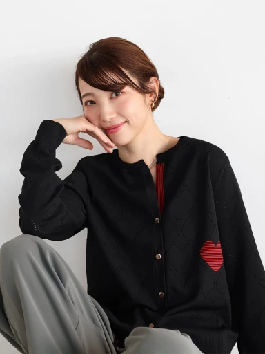 【完売品】ヤマダヤ　vin ハート刺繍 ブラックニットカーディガン 透かし編みハートニットカーディガン - Vin - Vin｜YAMADAYA STORE