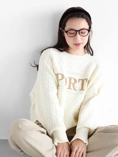 ナゴンスタンス　ケーブルニット　アシンメトリー　アイボリー　オフホワイト カフスボタンロゴケーブルニット - Vin - Vin｜YAMADAYA STORE