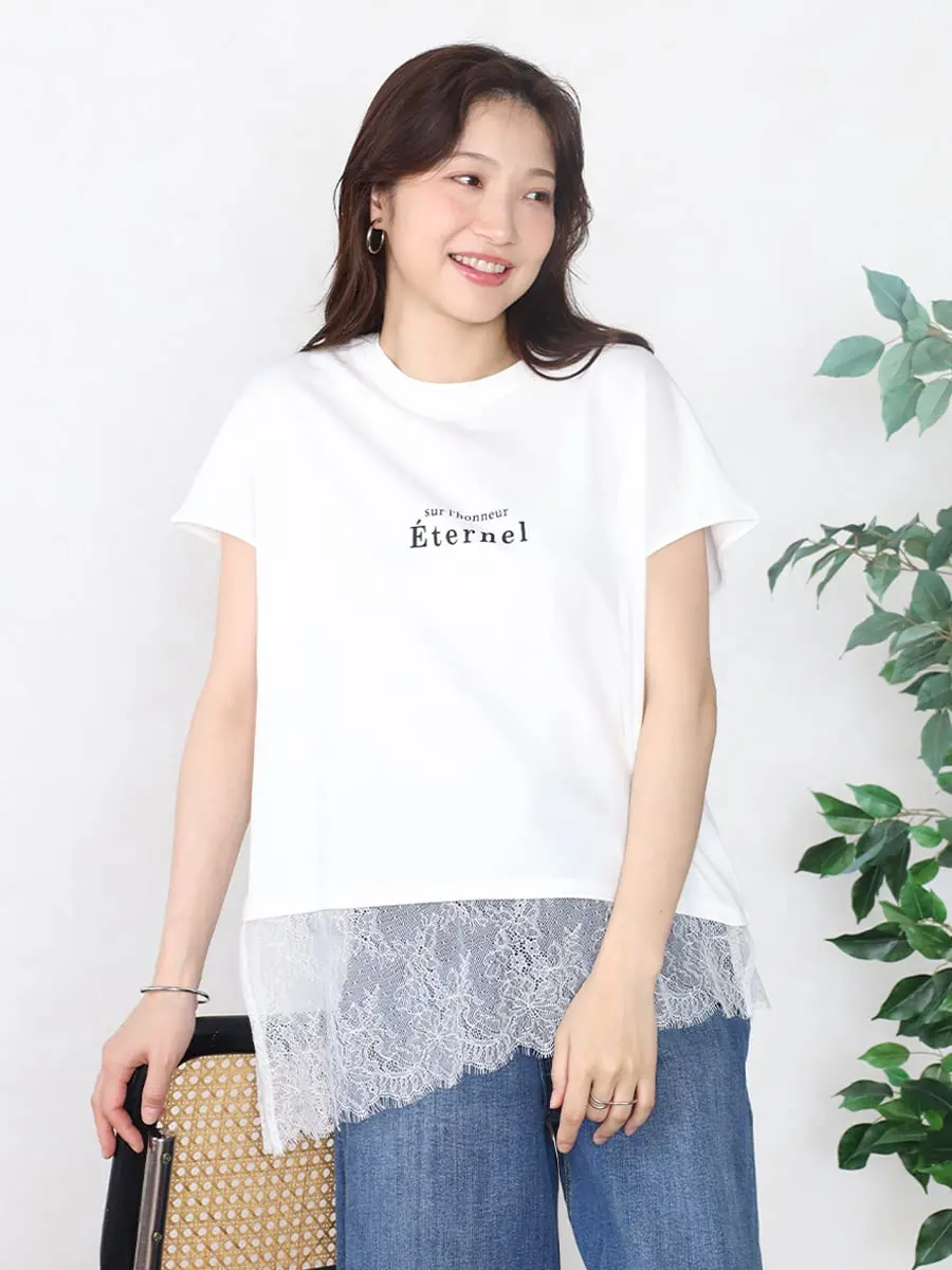 アシメレースヘムロゴTシャツ