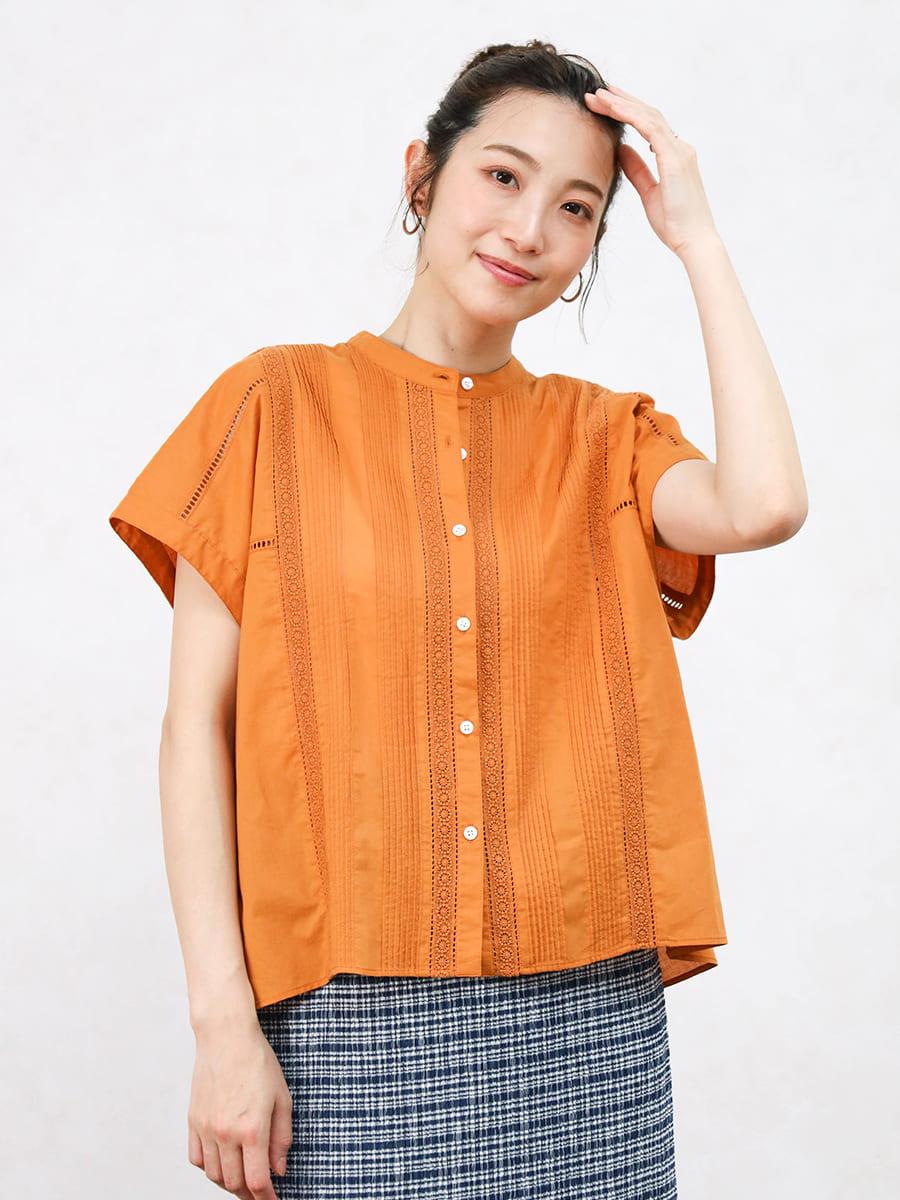ピンタックレースフレンチスリーブブラウス