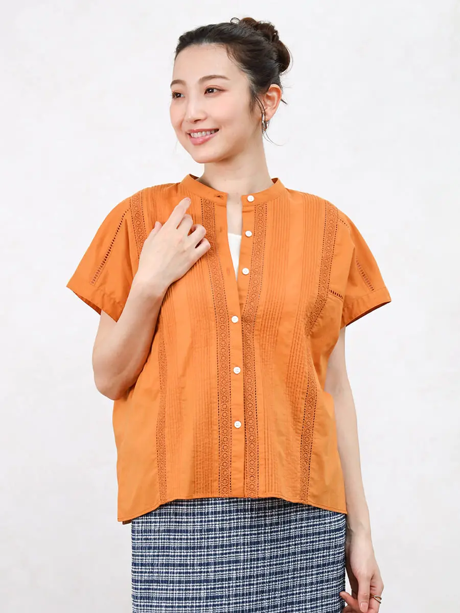 ピンタックレースフレンチスリーブブラウス