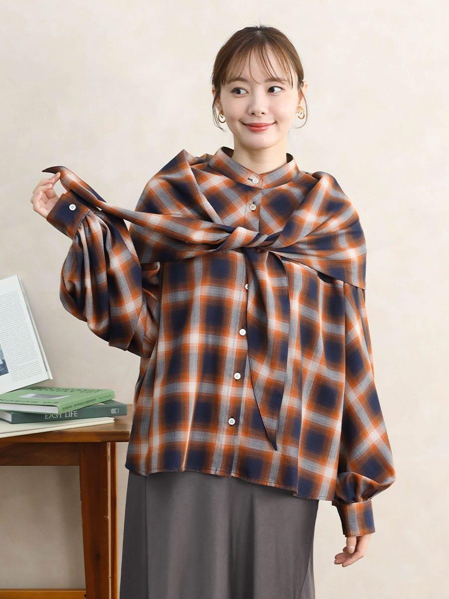 ケープ付きボリュームスリーブチェックシャツ