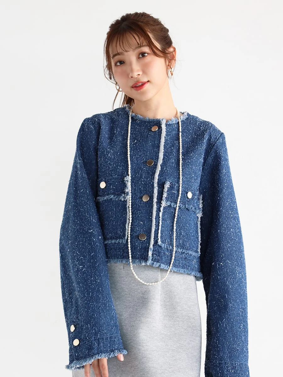 新品タグ付き Vin ノーカラーデニムジャケット ストレッチ 9号 金ボタン 新品タグ付き Vin ノーカラーデニムジャケット ストレッチ 9号