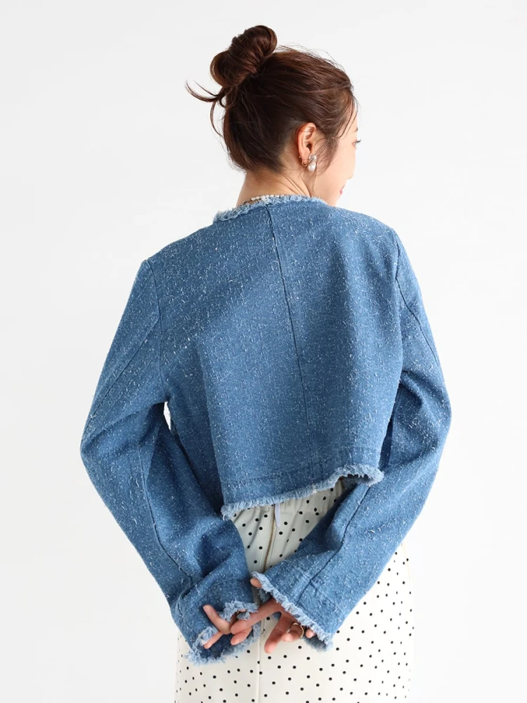 ツイードフリンジノーカラーデニムジャケット - Vin - Vin