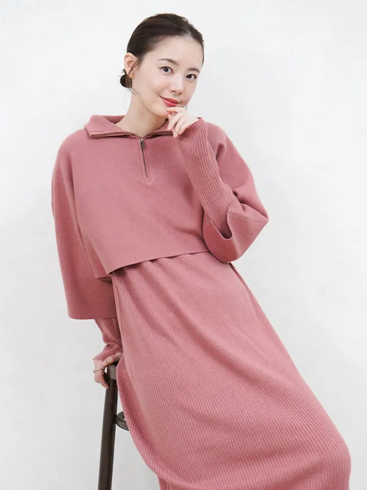 アトリエgg★シャツワンピース 19ハーフ ピンク　美品 ハーフZIPレイヤードニットワンピース - Vin - Vin｜YAMADAYA STORE