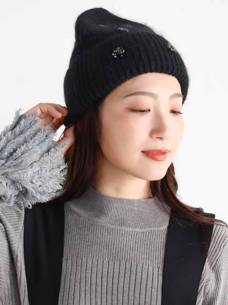 最終お値下げ⭐︎yoli モヘアニットキャップ　黒 ビジュー付きモヘアニットキャップ - Vin - Vin｜YAMADAYA STORE