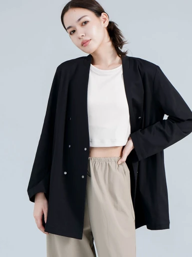 momo　定価¥23,100 綿ナイロンストレッチノーカラージャケット ストレッチ/シワになりにくい/洗える】BEAUTY MOVE ノーカラー