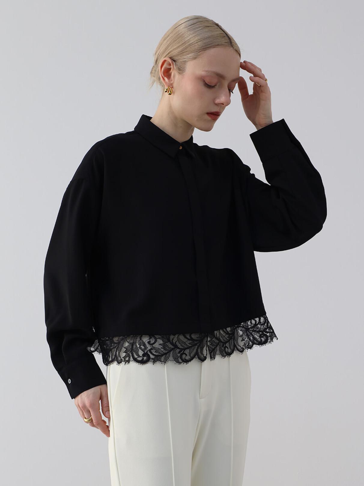 mame  Aga Black オーガニックコットンレースシャツブラウス レースドッキングクロップドシャツ - Aga - Aga｜YAMADAYA STORE