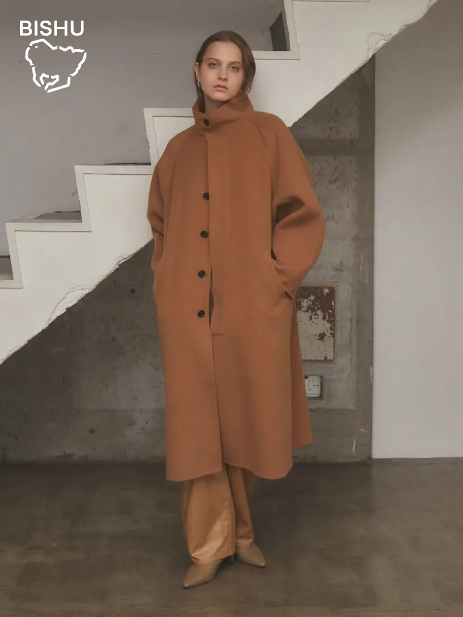 尾州】Super 140`s beaver Stand-collar Long Coat - Aga - Aga