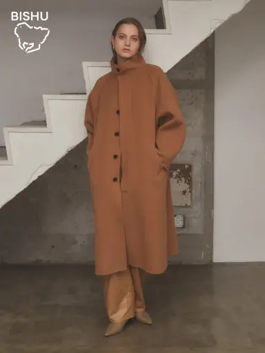 尾州】Super 140`s beaver Stand-collar Long Coat - Aga - Aga