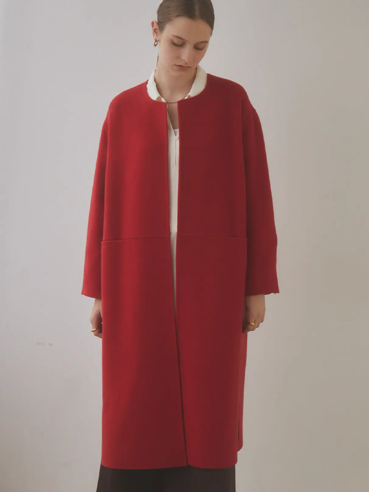 ヤマダヤ Aga ノーカラーコート Super 140`s Double beaver No-collar Midi Coat - Aga - Aga