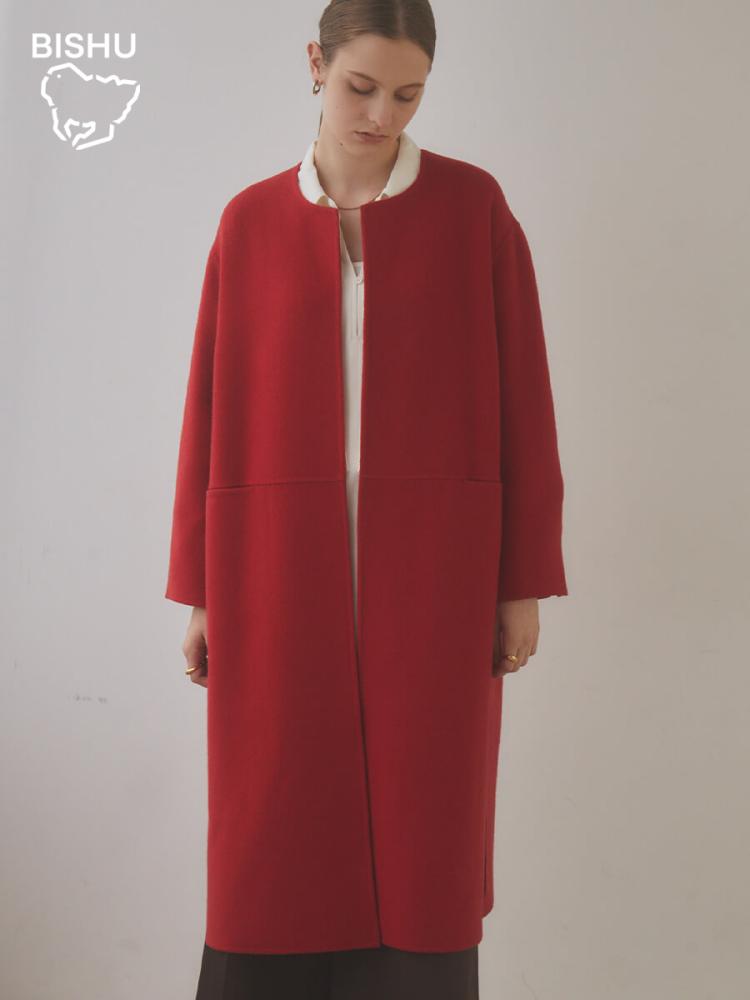 尾州】Super 140`s Double beaver No-collar Midi Coat - Aga - Aga