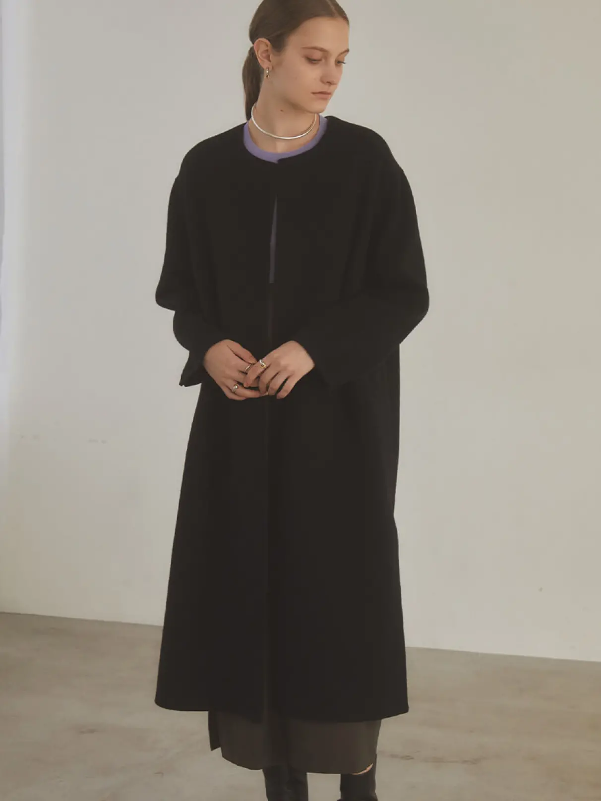 尾州】Super 140`s Double beaver No-collar Midi Coat - Aga - Aga
