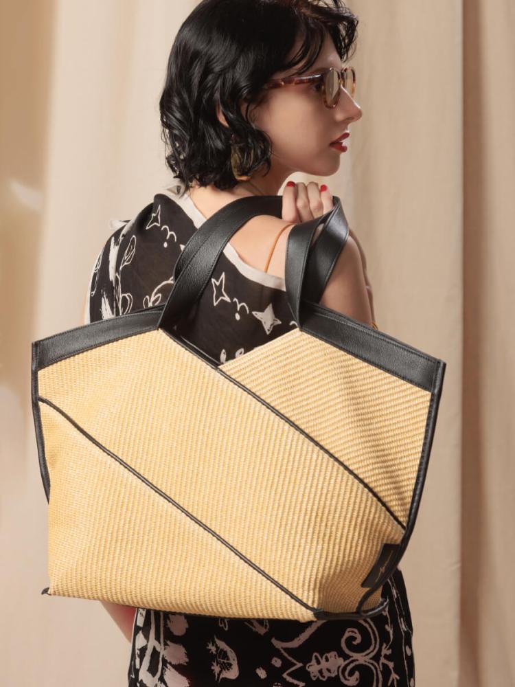 トートバッグ ベージュ ブラック ペンタゴン雑材トートバッグ - Aga - Aga｜YAMADAYA STORE