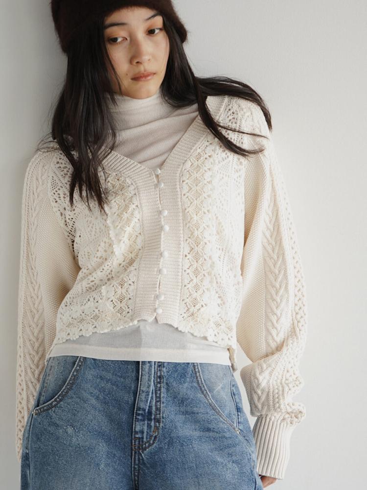 レース編みクリーム色カーディガン Cotton lace knit cardigan - FIKA. - FIKA.｜YAMADAYA STORE