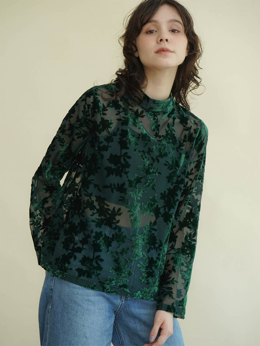 Flower flocky print sheer tops YAMADAYA STORE Flower flocky print sheer tops YAMADAYA STORE