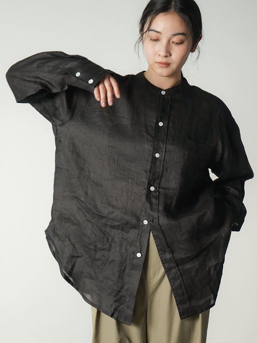 Sheer linen banded collar blouse