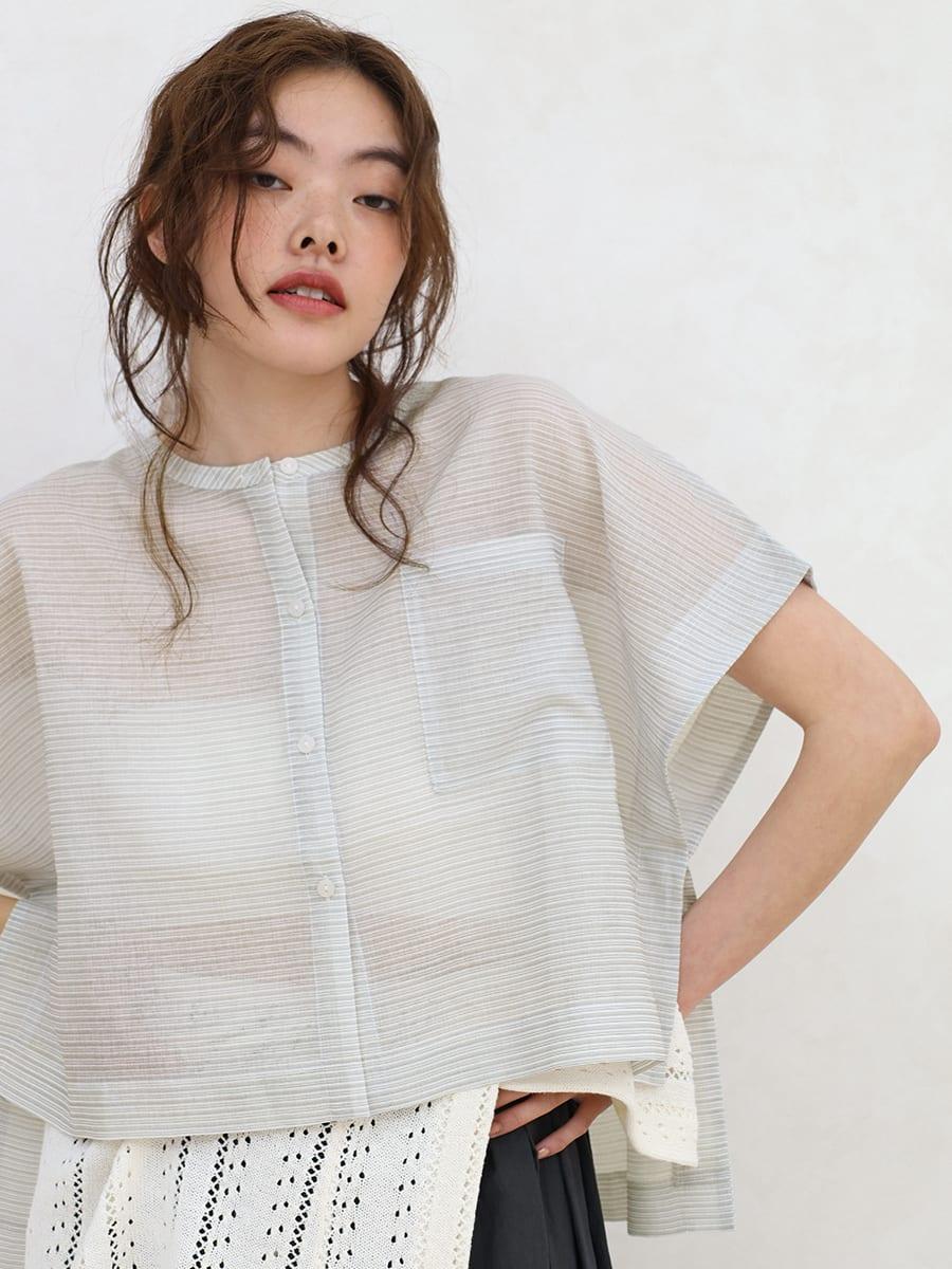 Sheer striped band collar shirt