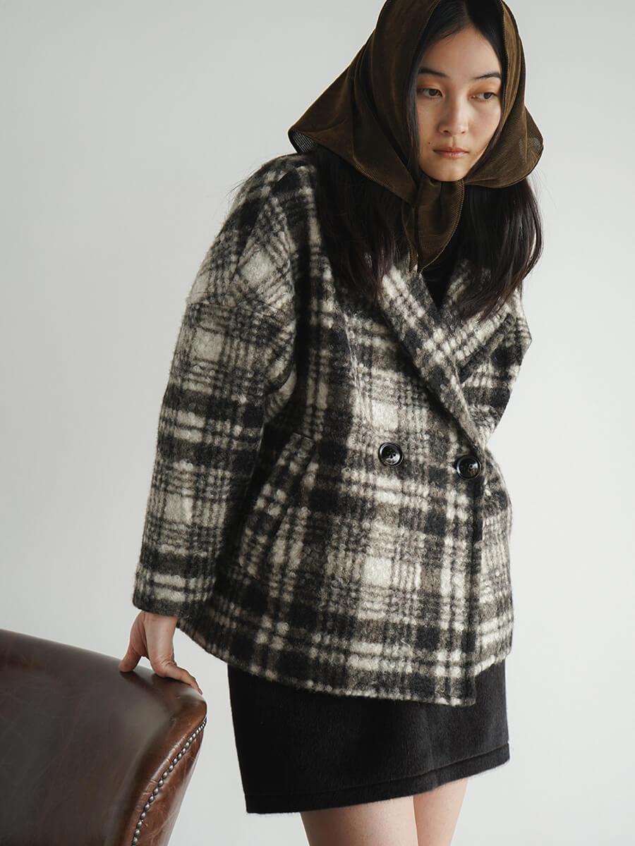 Checked double-breasted coat