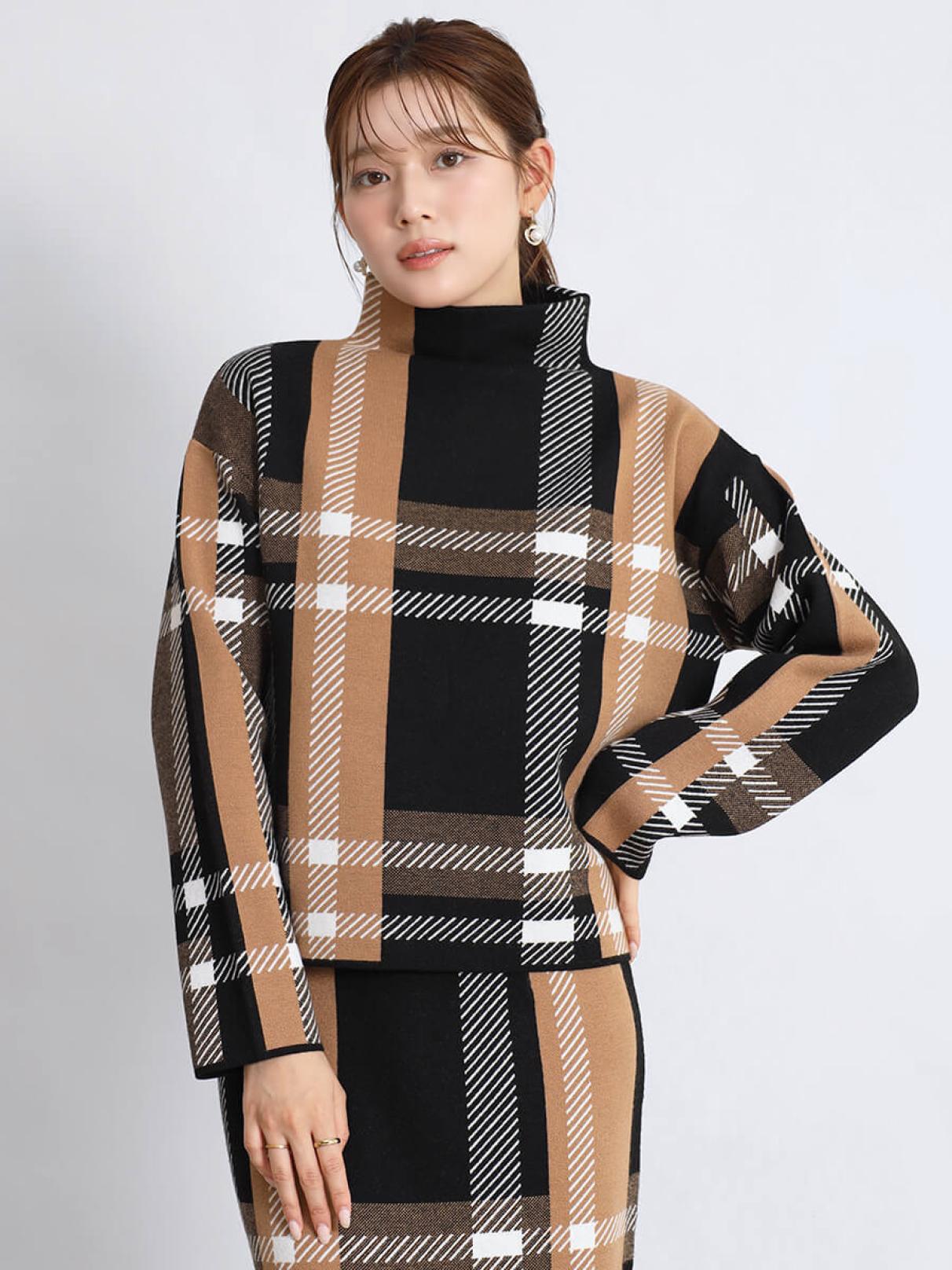 フェンネル（FENNEL）/ビッグチェックボトルネックニットトップス ビッグチェックボトルネックニットトップス - FENNEL - FENNEL