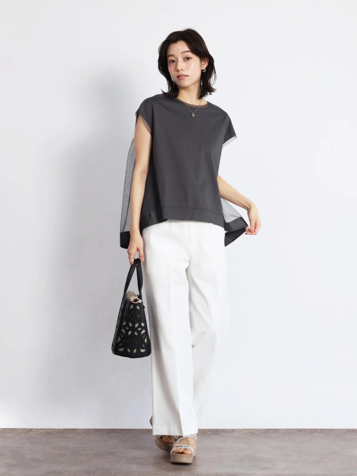 フェンネル　fennel チュール半袖トップス フェンネル FENNEL バックチュールTシャツ （ブルー