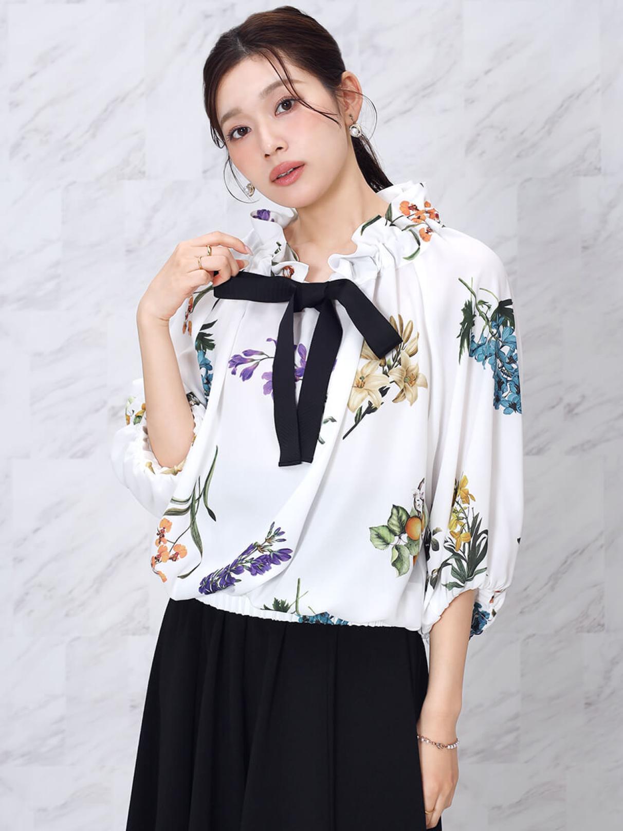 ボタニカルプリントギャザーカラーブラウス - FENNEL - FENNEL