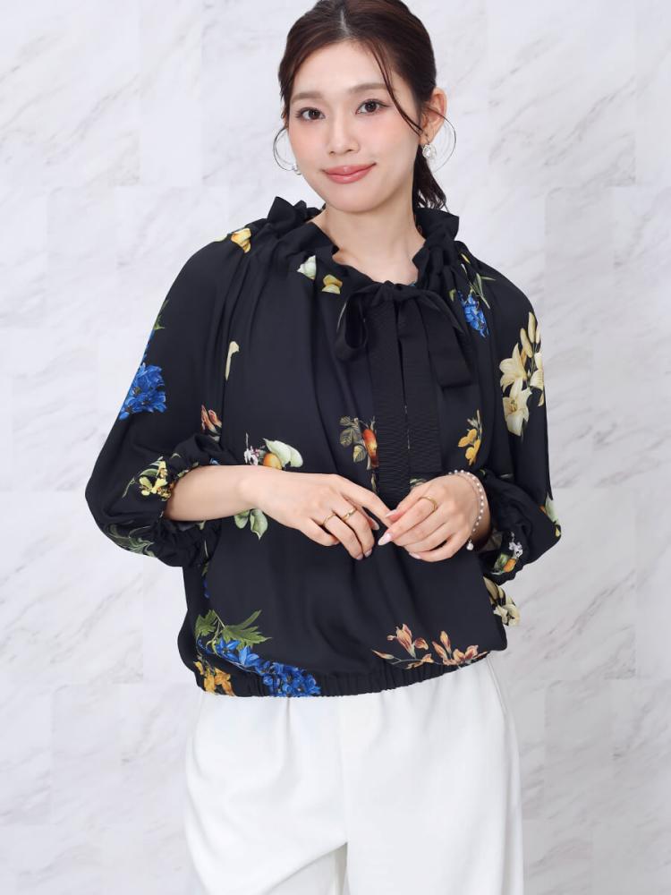 ボタニカルプリントギャザーカラーブラウス - FENNEL - FENNEL