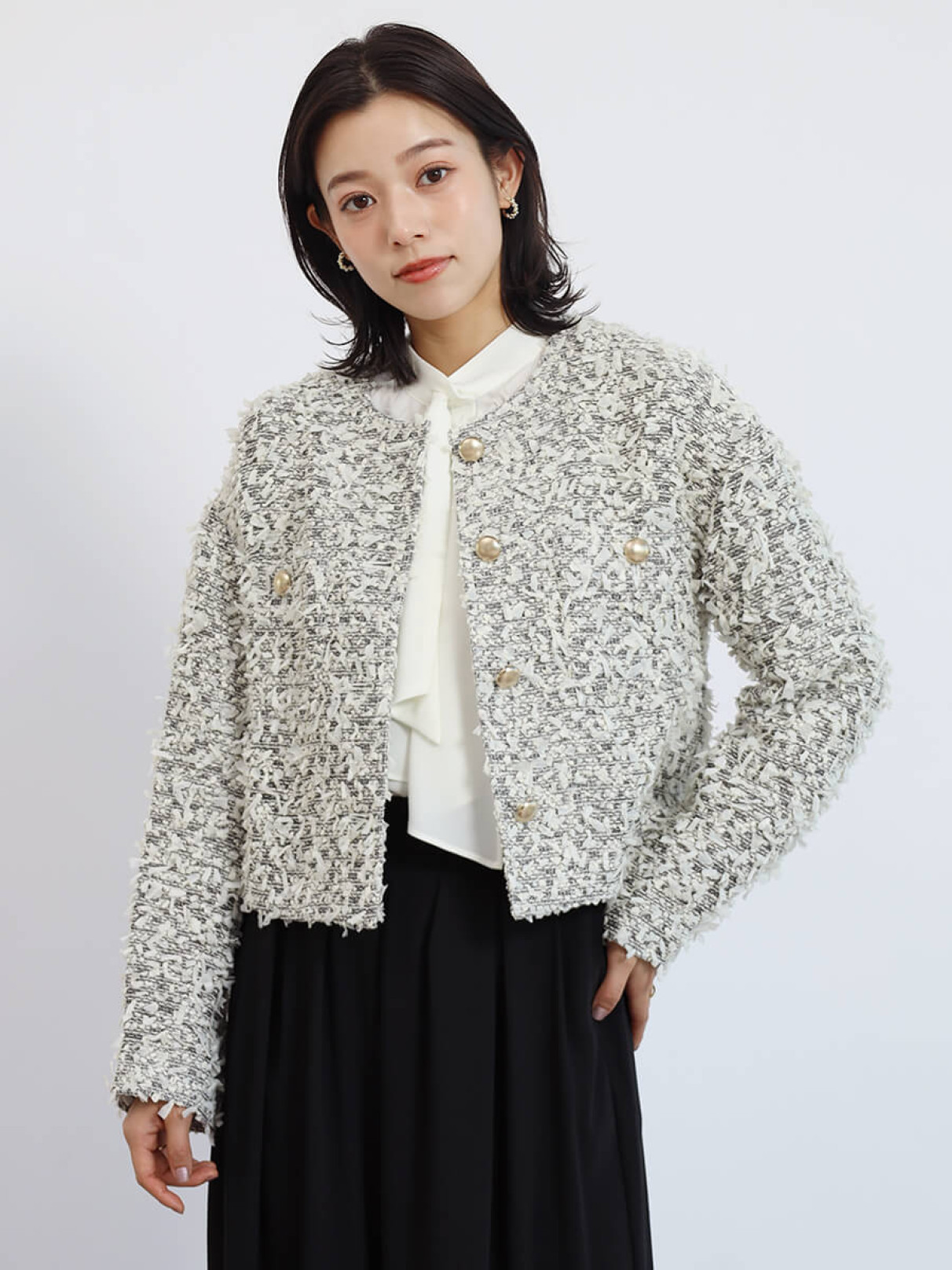 Rene ルネ　ファートリミング　ノーカラー　ツイードジャケット　アイボリー René（ノーカラージャケット）のフリマアイテム一覧