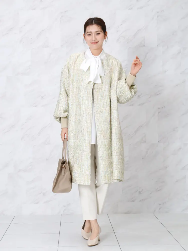 水色 ツイード風 ロングコート ミックスツイードノーカラーロングコート - FENNEL - FENNEL｜YAMADAYA