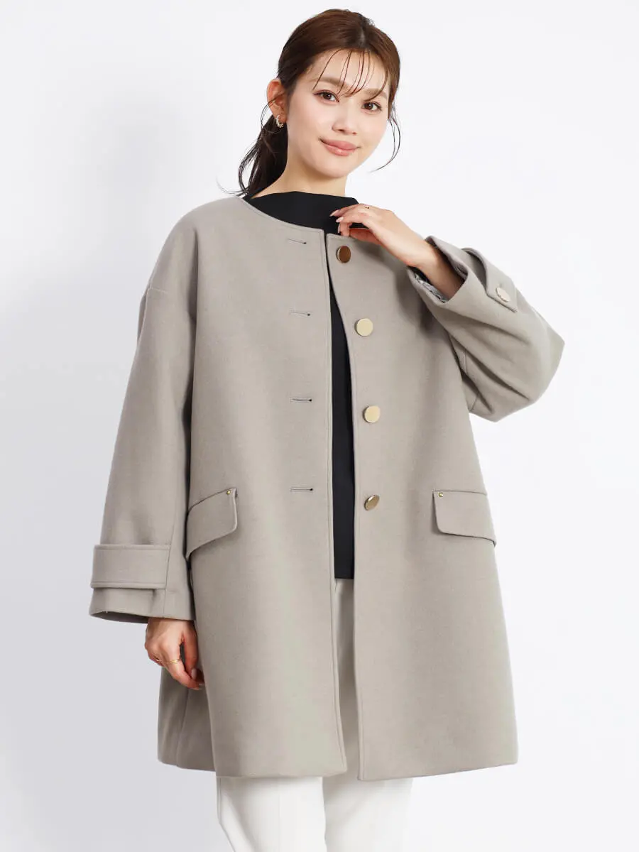 ヤマダヤ　フェンネル　ノーカラーコート 毛100パーセント　日本製 ゴールドボタンノーカラーロングコート - FENNEL - FENNEL｜YAMADAYA STORE