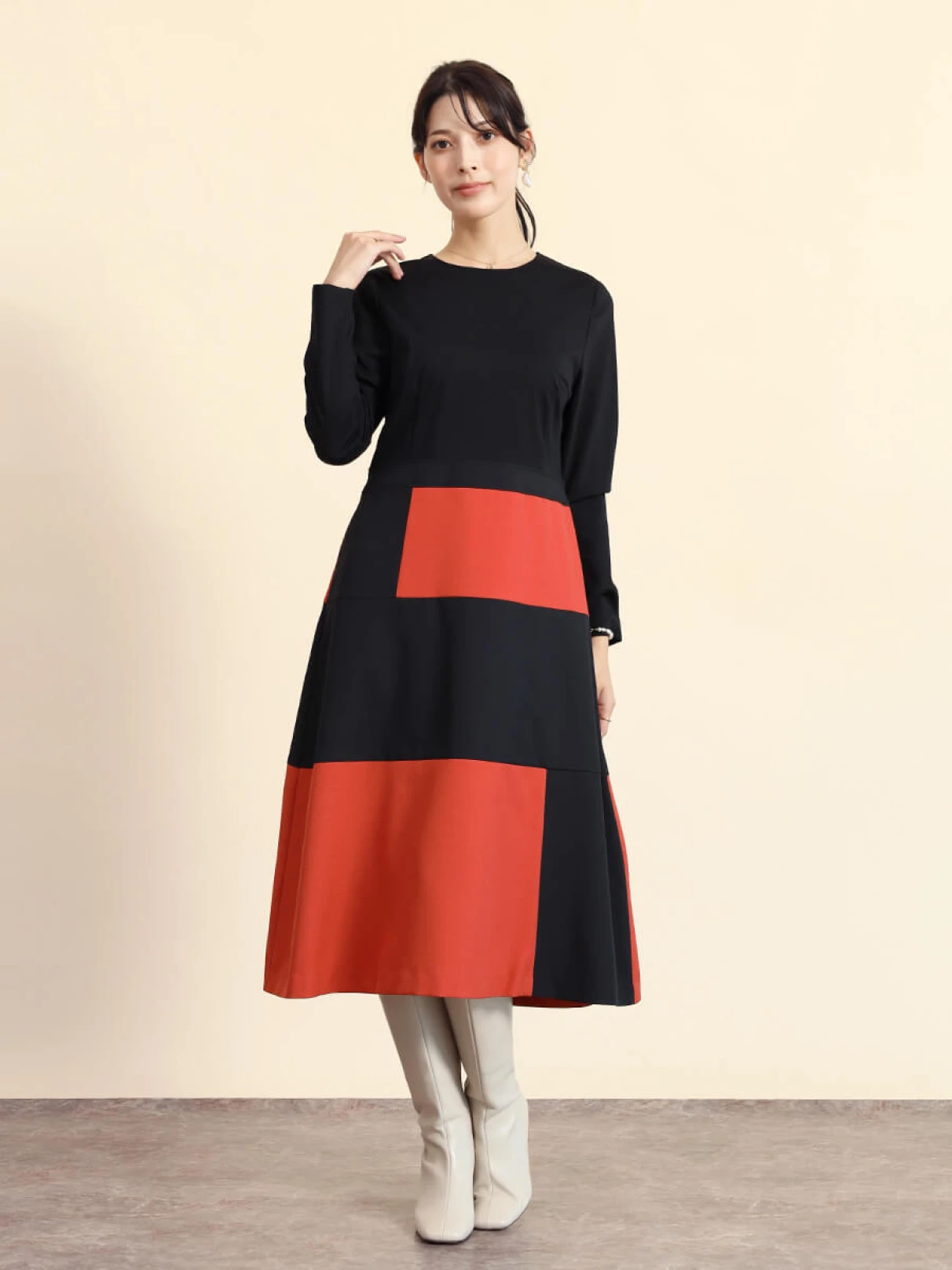 未使用級 極美品 【YAECA】ベロア Aライン ドレス　ワンピース オレンジ ブロック切り替えAラインワンピース - FENNEL - FENNEL｜YAMADAYA STORE