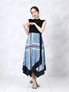 FENNEL ハイビスカス キャミワンピース M ヤマダヤ　アロハ　旅行　青 9 スカーフプリントラップ風スクエアヘムワンピース - FENNEL - FENNEL